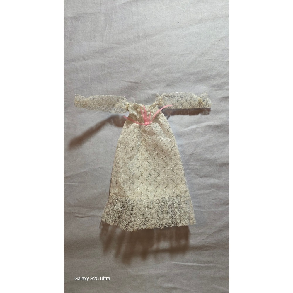 Vintage White Lace Doll Nightgown Dress Silver Metallic Pink Ribbon 7.5 Inch